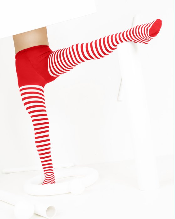 1273 Scarlet Red Kids White Striped Tights