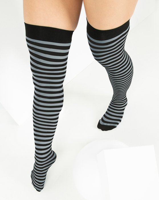 1503 Grey Black Striped Thigh Highs