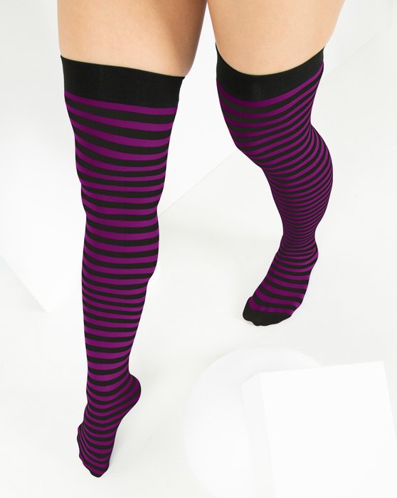 1503 Rubine Striped Thigh High Socks